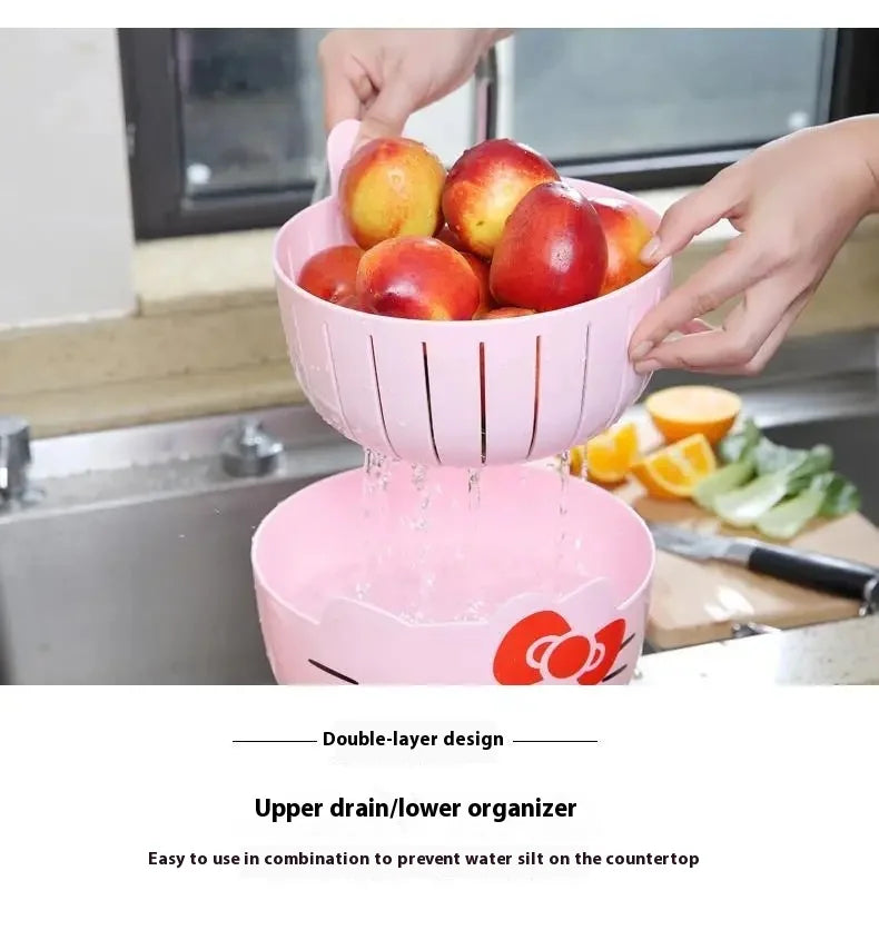 Hello Kitty Fruit Tray Vegetable Basket  Household Use Double Kitchen Storage Basketful Convenient Fruit Dish Kitchen Supplies