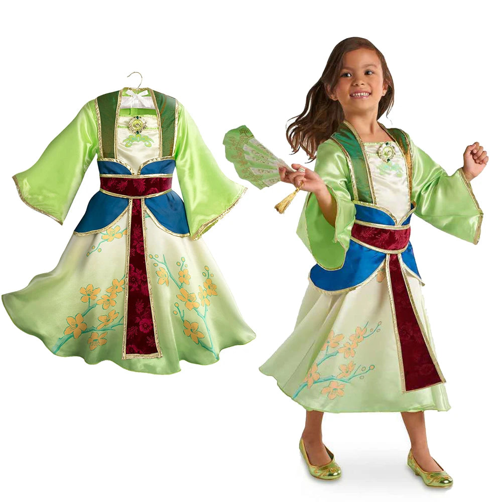Halloween Girls Mulan Dress Children Fancy Fairy Princess Dress Up Chinese Style Christmas Vintage Green Floral Dresses Hanfu
