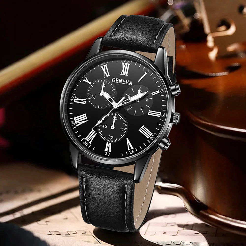 4PCS Black Men's Watch Set Business Trend Versatile Roman Digital Scale Quartz Watch Bracelet Necklace Ring Set Perfect Gift Set