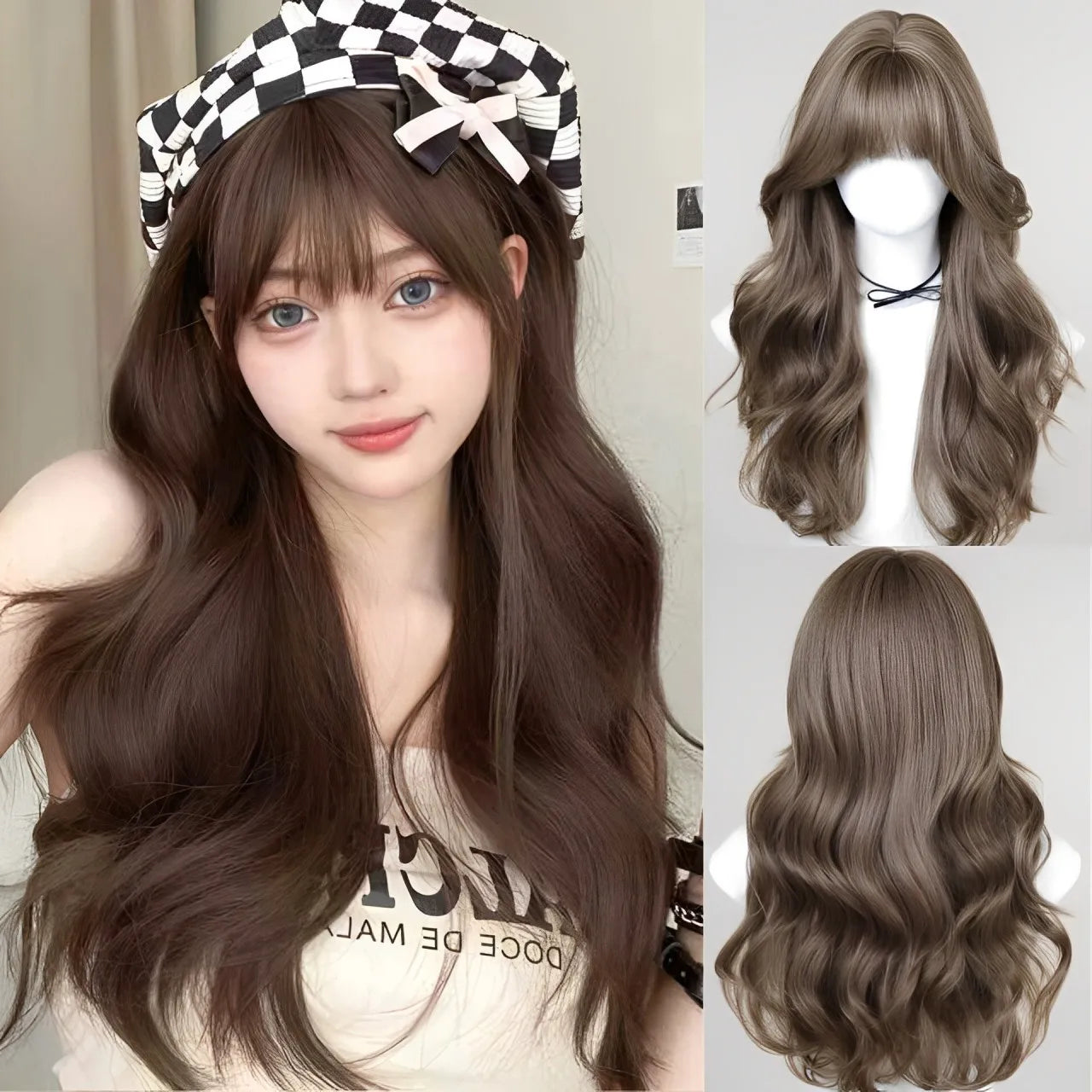 Synthetic Short Lolita Cosplay Christmas Halloween Bob Brown Blonde LM Wig With Long Curly Ponytail Natural Fake Hair for Women