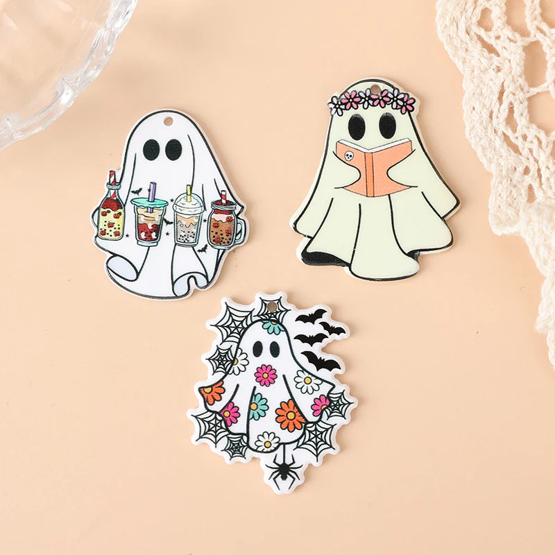 6Pcs Halloween Charms Creative Acrylic Funny Reading Flower Ghost Pendant For Necklace Keychain Diy Making