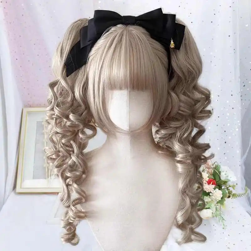 Synthetic Short Lolita Cosplay Christmas Halloween Bob Brown Blonde LM Wig With Long Curly Ponytail Natural Fake Hair for Women