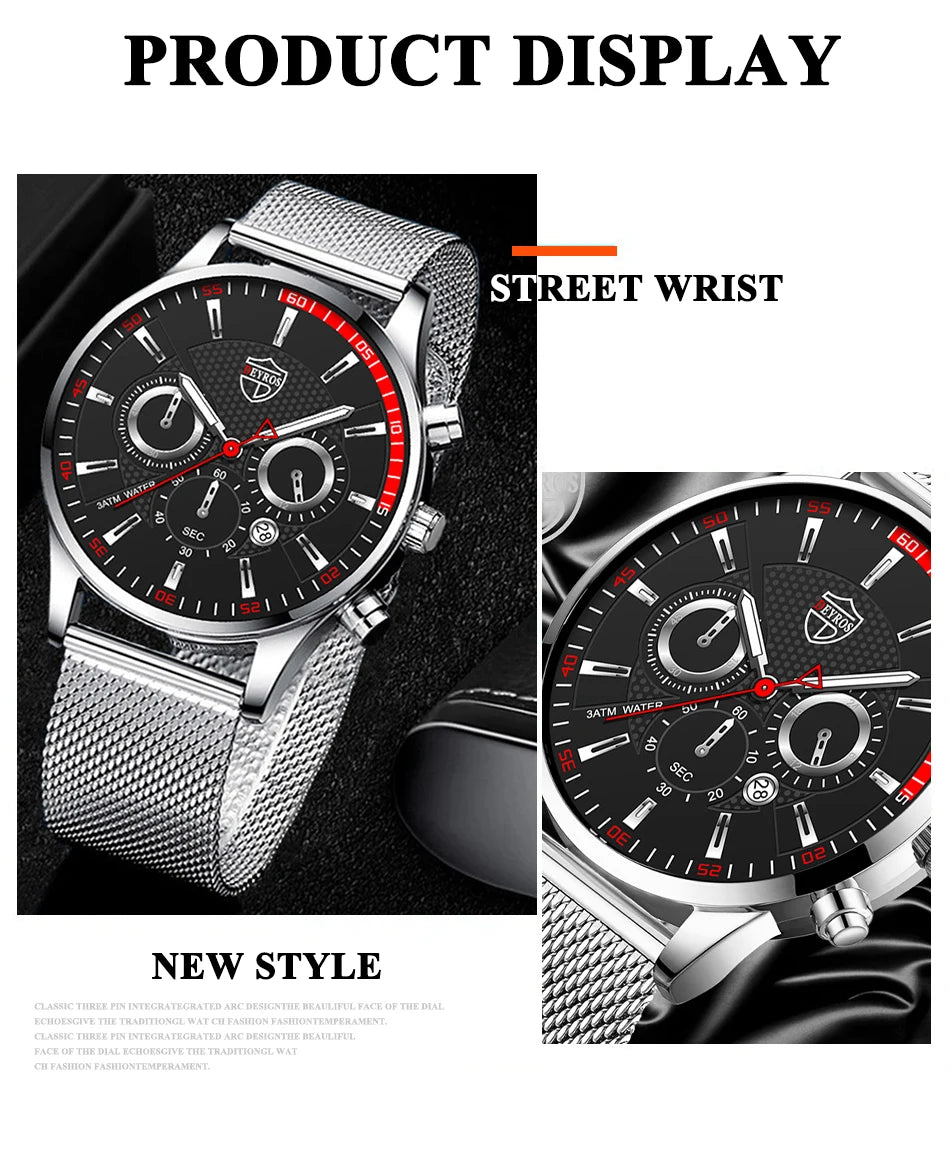 Mens Fashion Sports Watches Men Business Casual Quartz Wrist Watch Luxury Silvery Mesh Belt Watch