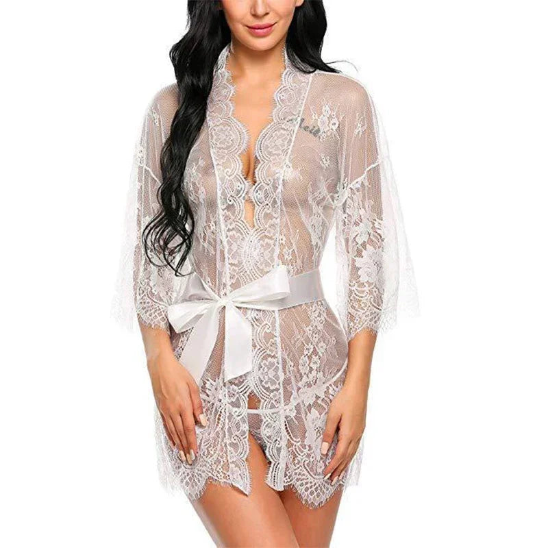 Lace Front Closure Sleepwear Women Sexy Lingerie Dress Babydoll Transparent Mesh Nightdress Erotic Clothing Erotic Sleepwear
