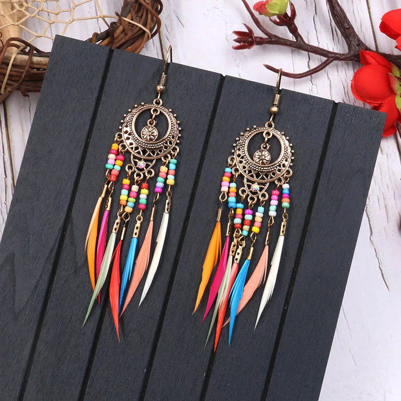 Bohemian Vintage Jewelry For Women 2024 Trendy Carved Leaf Feather Tassel Long Earrings