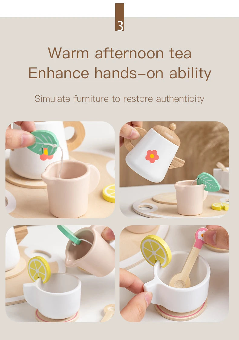 Kids Simulation Wooden Dessert Food Toys Kitchen Cookies Coffee Afternoon Tea Pretend Play Toys for Boy Girls Birthday Xmas Gift