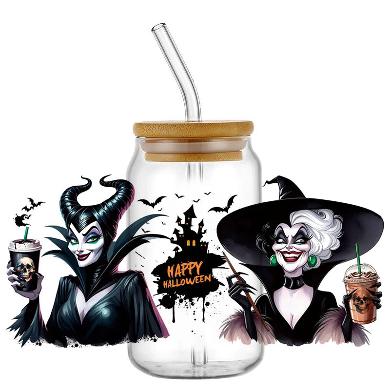 Miniso Halloween Stitch Mixed Cartoon Pattern Transfer Stickers Waterproof UV DTF Cup Wraps 3D Wrap Decal For 16oz Libbey Glass