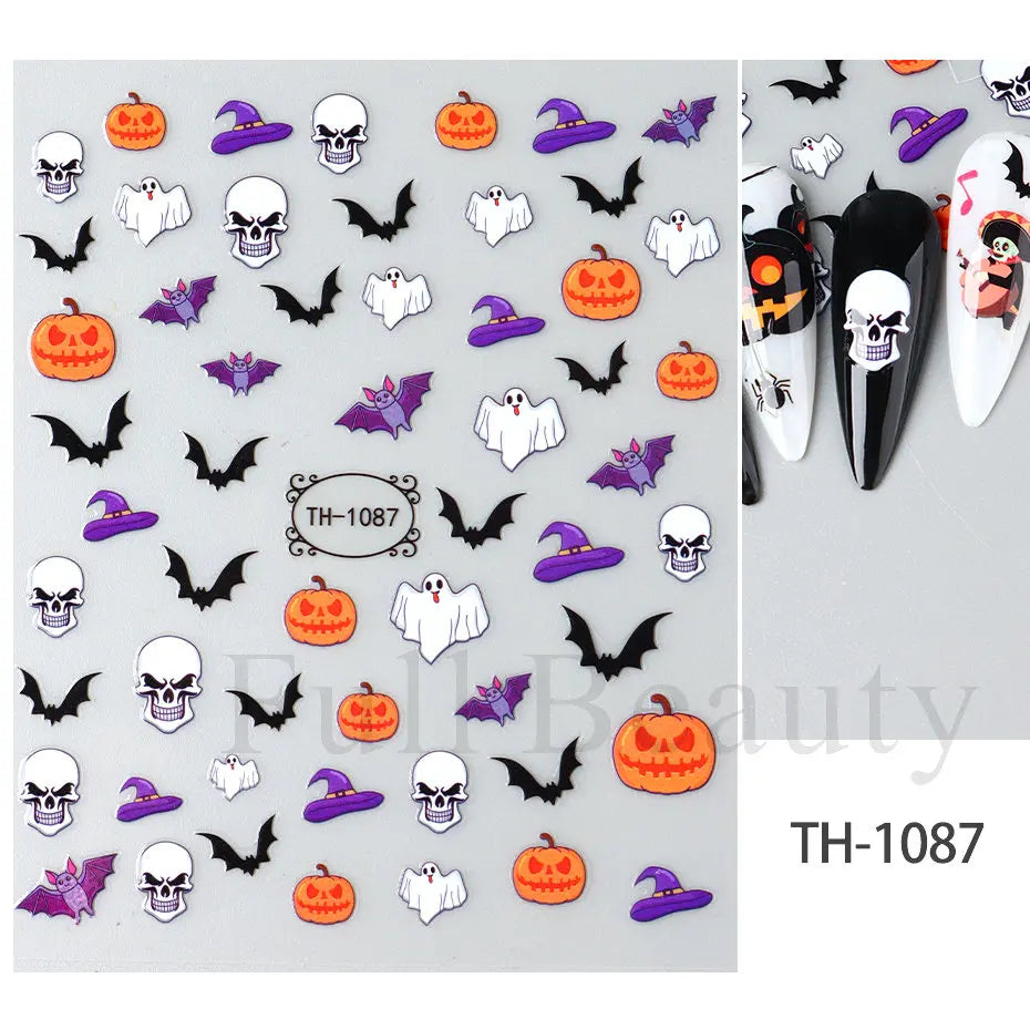 Nail Stickers Halloween Series Bat Skull Bone Ghost Pumpkin Pattern 3D Self Adhesive Decals For Nails Manicure Decoration LATH