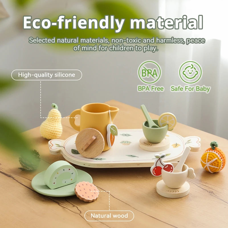 Kids Wooden Montessori Toys Afternoon Tea Set Pretend Play Kitchen Food Learning Role Play Game Baby Early Educational Toys Gift