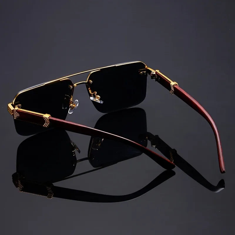 Trend Double Beam Rectangle Sunglasses Men Women Rimless Cut Edge Square Sun Glasses Fashion Frameless Wood Grain Shades UV400