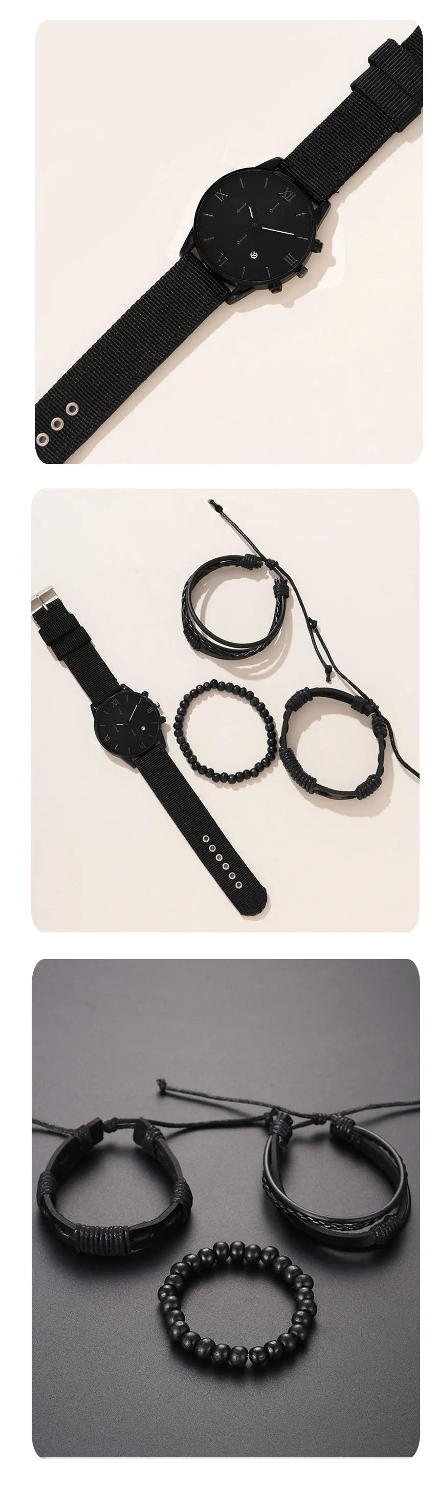 New Men's Watch Luxury Bracelet Multi Piece Set Fashion Business Black Leather Quartz Watch Men's Gift Set Reno Masculino