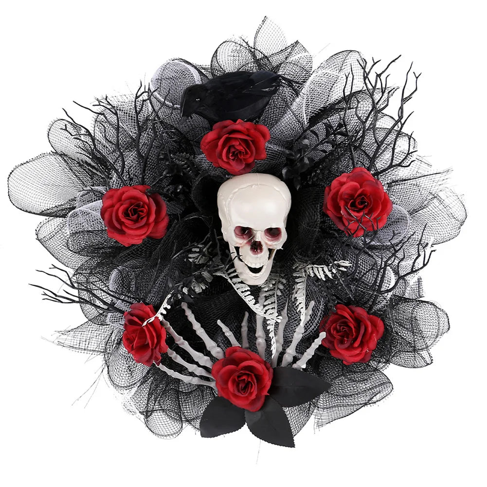 Halloween Wreath Scary Red Rose Wreath Halloween Skeleton Wreath for Haunted Mansion Halloween and Party Supplies