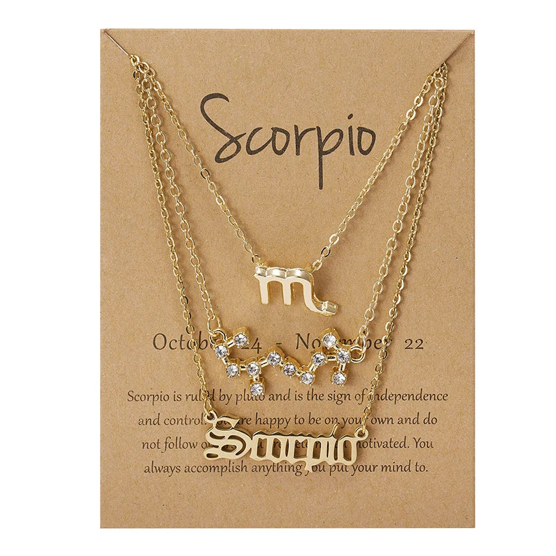 3Pcs/set 12 Zodiac Sign Necklaces Set For Women Constellation Pendant Chain Choker Birthday Jewelry With Cardboard Card