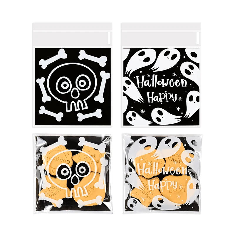 100Pcs Halloween Candy Bags Pumpkin Ghost Plastic Gift Cookie Packaging Bags Halloween Party Decor Supplies Kids Trick or Treat