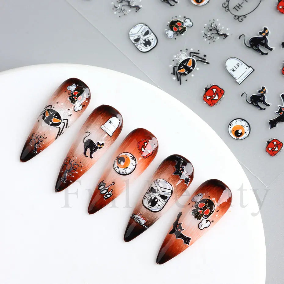 Nail Stickers Halloween Series Bat Skull Bone Ghost Pumpkin Pattern 3D Self Adhesive Decals For Nails Manicure Decoration LATH