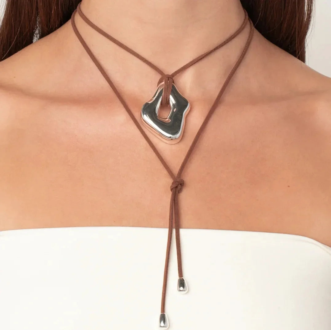 2025 Europe Adjustable Rope Geometric Silver Color Pendant Sweater Chain Necklace Woman Fashion Jewelry Trend