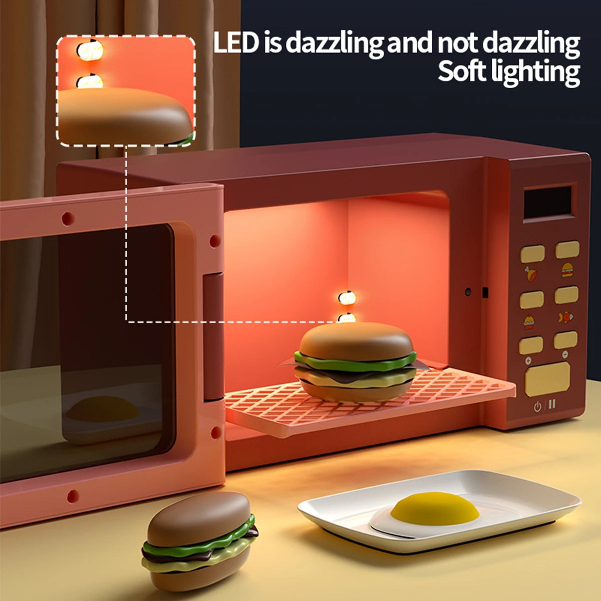 Toy Microwave Oven Playset with Light and Sound, Toy kitchen Appliances for Kids, Play kitchen accessories and Toy Food for Kids