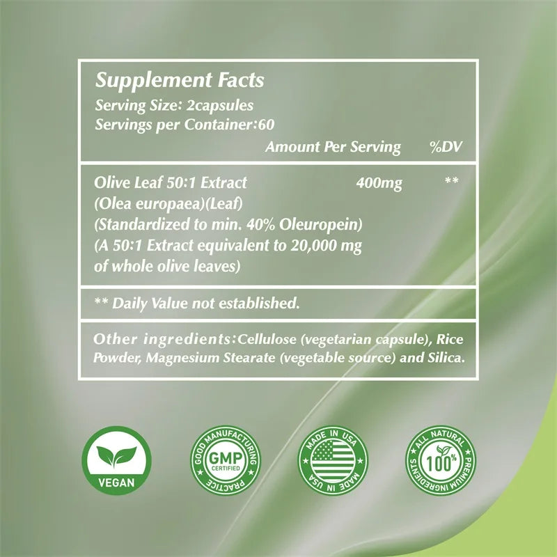 Olive Leaf Extracts Capsules - 40% Oleuropein - Supports Cardiovascular Health, Immune Health, Antioxidant