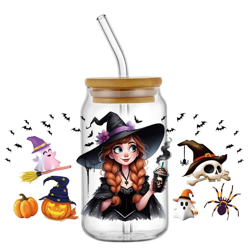 Miniso Halloween Stitch Mixed Cartoon Pattern Transfer Stickers Waterproof UV DTF Cup Wraps 3D Wrap Decal For 16oz Libbey Glass