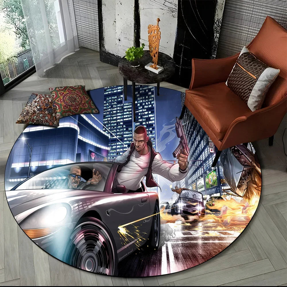 Grand Theft Auto Games GTA  Gamer Round Carpet Rug for Living Room Bedroom Child Playroom Decor,Pet Area Rug Non-slip Floor Mat