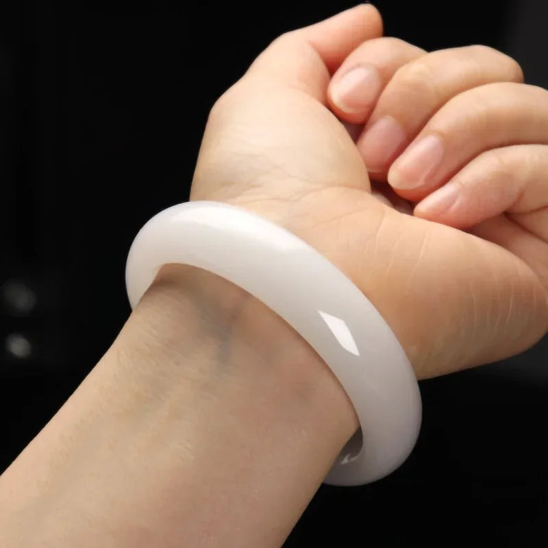 Chinese Natural White Jade Hand-carved Jade Bracelet Fashion Women Pure Natural Genuine Wide-strip Jade Bracelet