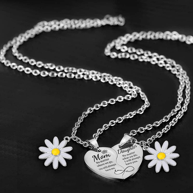 2 Pcs Daisy Charm Mother Daughter Heart Matching Pendant Necklace Set Stainless Steel Jewelry Gifts For Mom