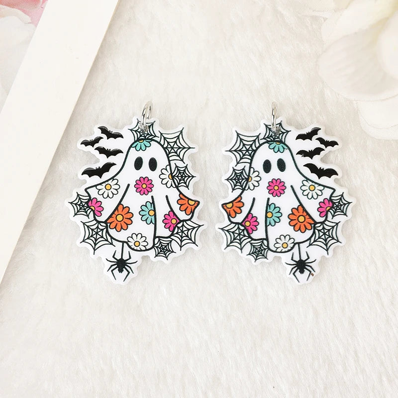 6Pcs Halloween Charms Creative Acrylic Funny Reading Flower Ghost Pendant For Necklace Keychain Diy Making