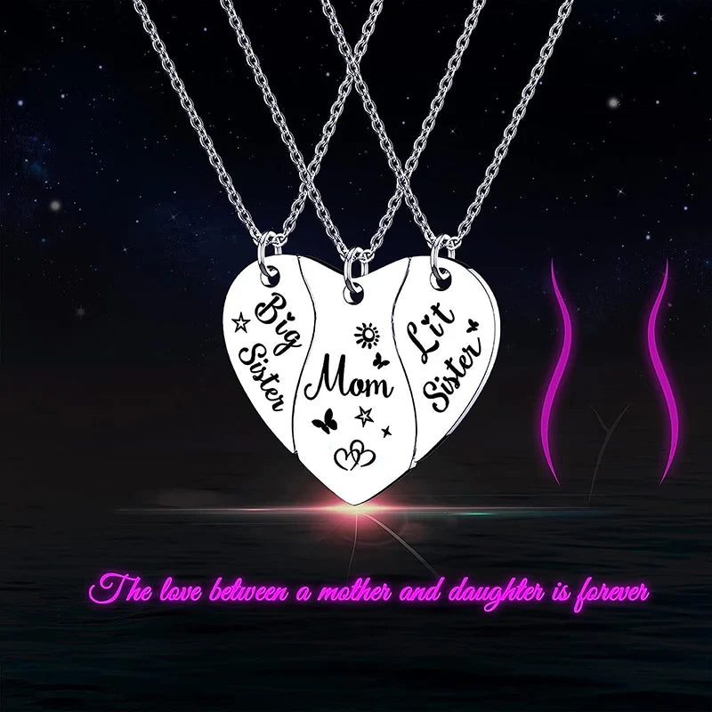 3 PCS Heart Matching Mom Daughter Son Necklace Set Stainless Steel Big Sister Little Sister Necklace Gifts For Mother