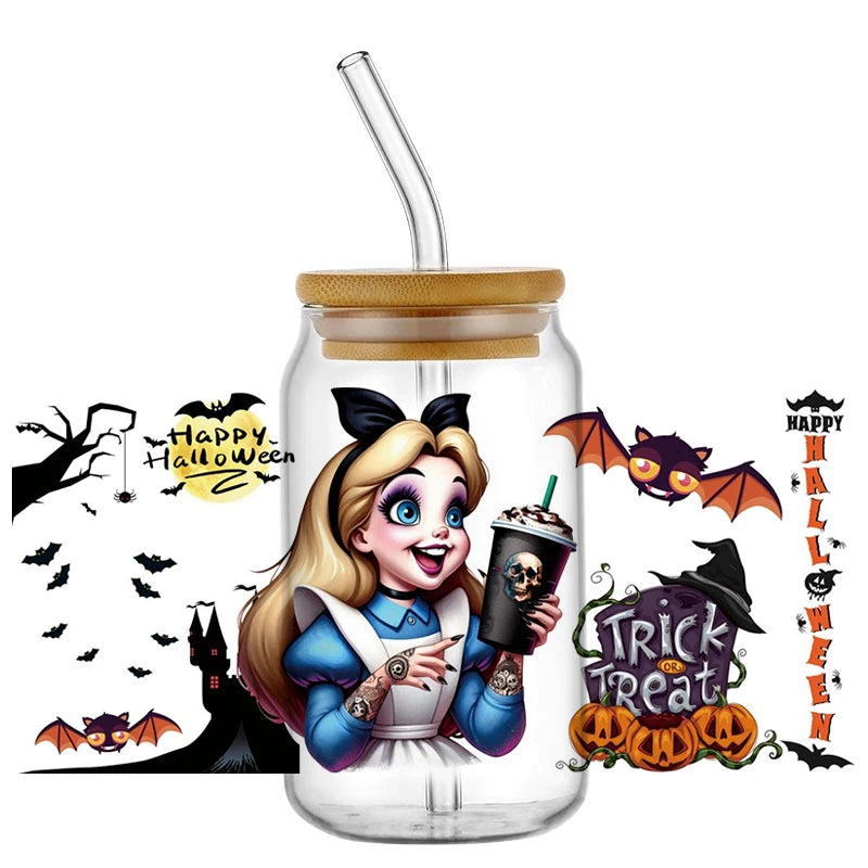 Miniso Halloween Stitch Mixed Cartoon Pattern Transfer Stickers Waterproof UV DTF Cup Wraps 3D Wrap Decal For 16oz Libbey Glass