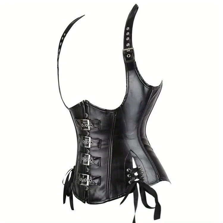 PU Leather Corset Sexy Steampunk Corset Top Halter Corselet Shapewear Women Tummy Control Bustier Lace Up Halloween Costume