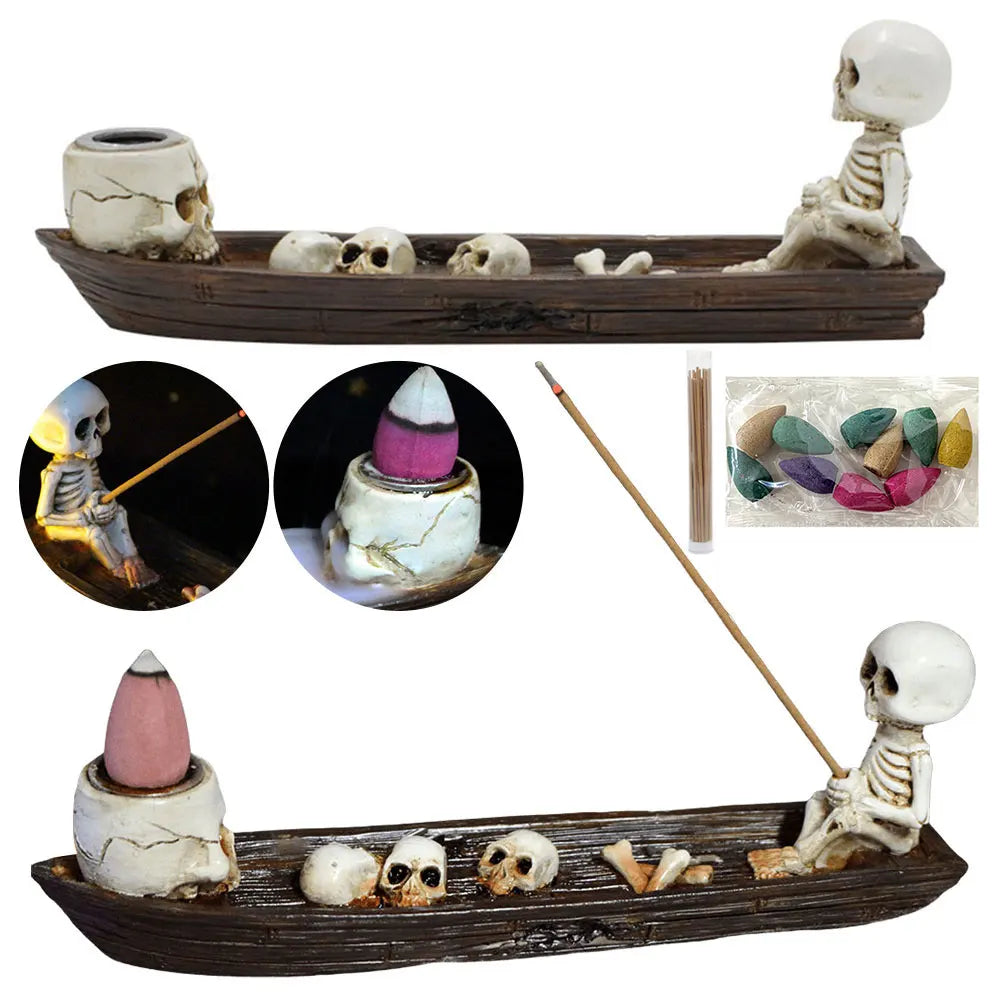 Creative Skull Incense Holder Resin Halloween Decor Boat Decorative Incense Holder Backflow Incense Burner Cool Room Decorations