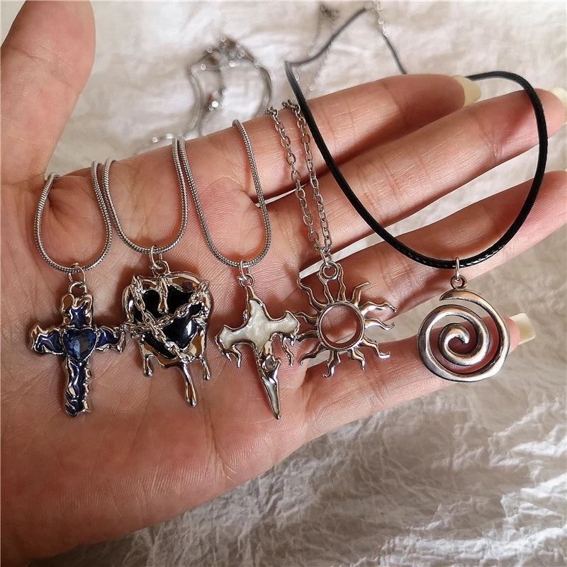 Goth Irregular Heart Cross Vortex Pendant Snake Rope Chain Necklace For Women Men Grunge Y2K 90s Punk Halloween EMO Accessories