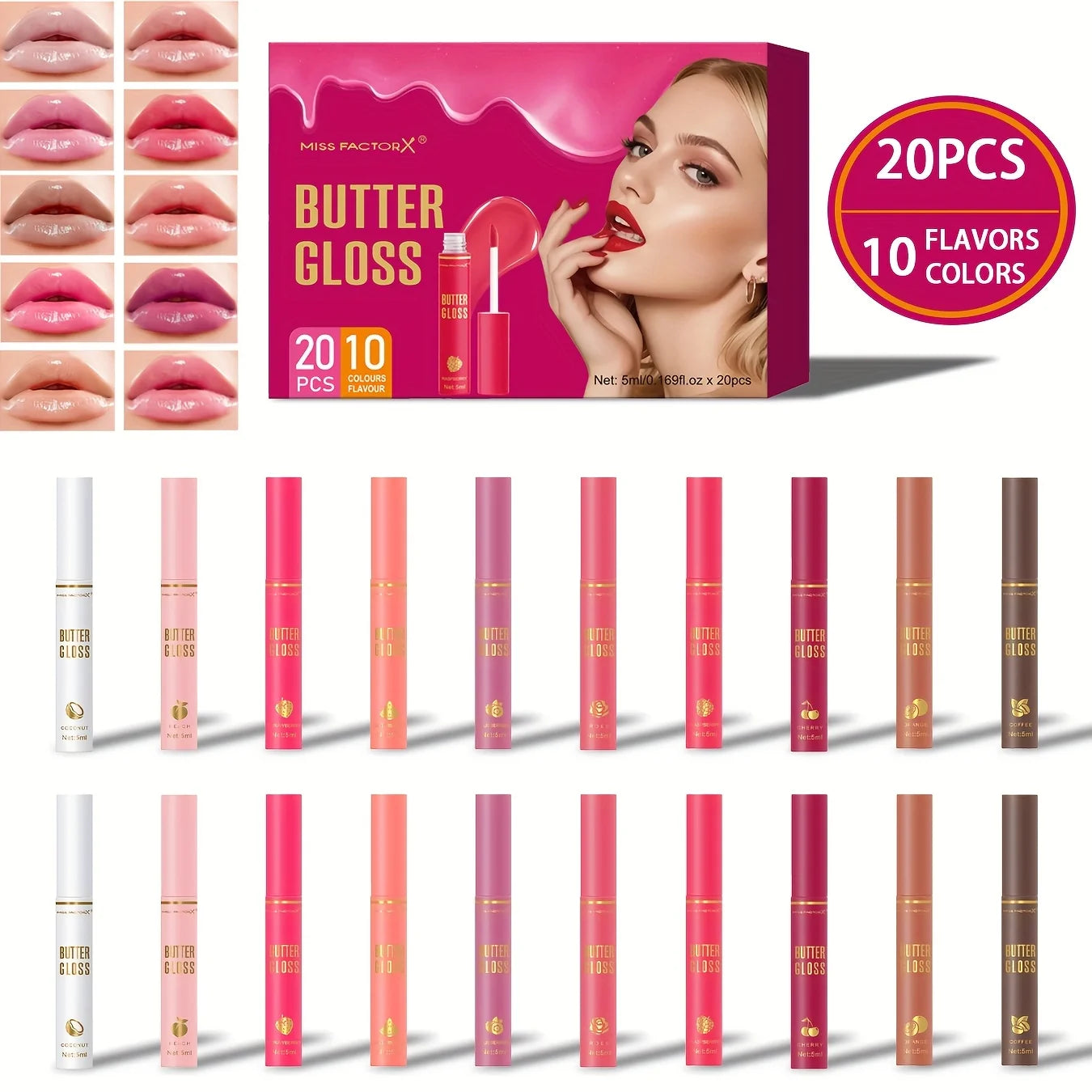 20pcs/box of 10 color moisturizing lip gloss - Long lasting moisturizing, glossy effect, essential for beauty care