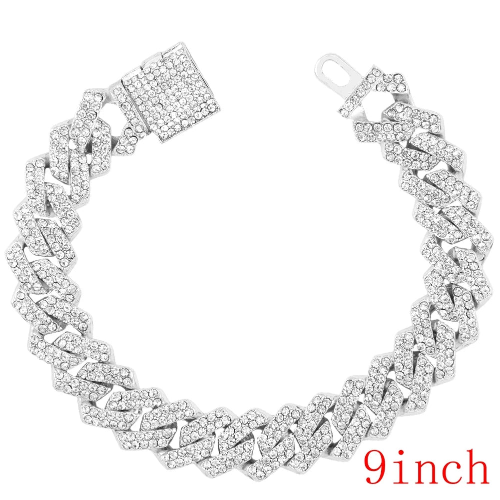 14MM Miami Prong Cuban Link Chain Necklace for Women Gold Silver Color Luxury 2 Row Rhinestones Cuban Choker Iced Out Jewelry