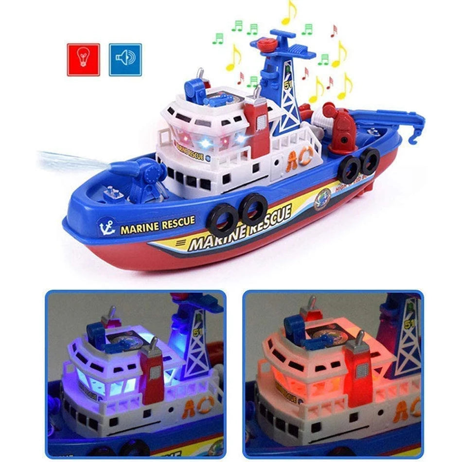 Electric Marine Rescue Boat Toy Fire-fighting Boat Bathing Speedboat Toy with Sound Light Up Toys for Kids Spray Water Swim Pool