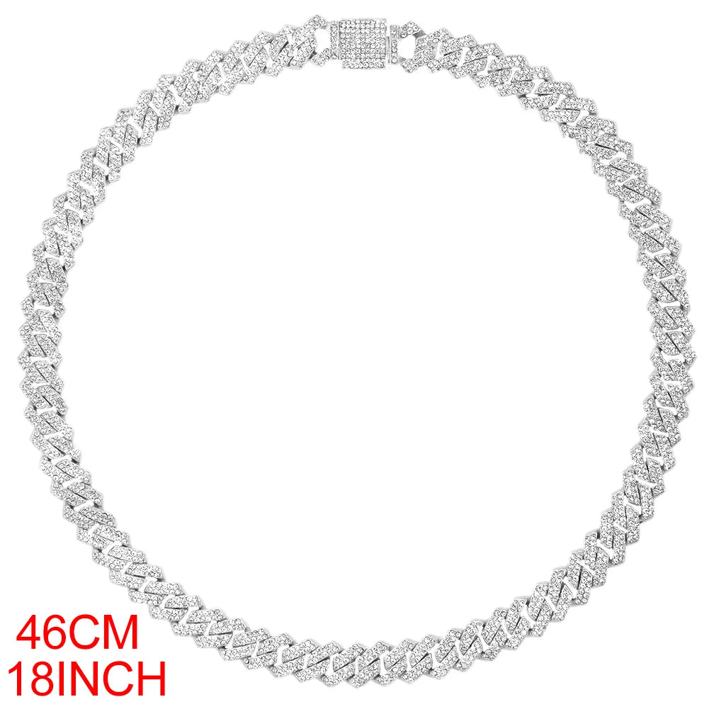 14MM Miami Prong Cuban Link Chain Necklace for Women Gold Silver Color Luxury 2 Row Rhinestones Cuban Choker Iced Out Jewelry