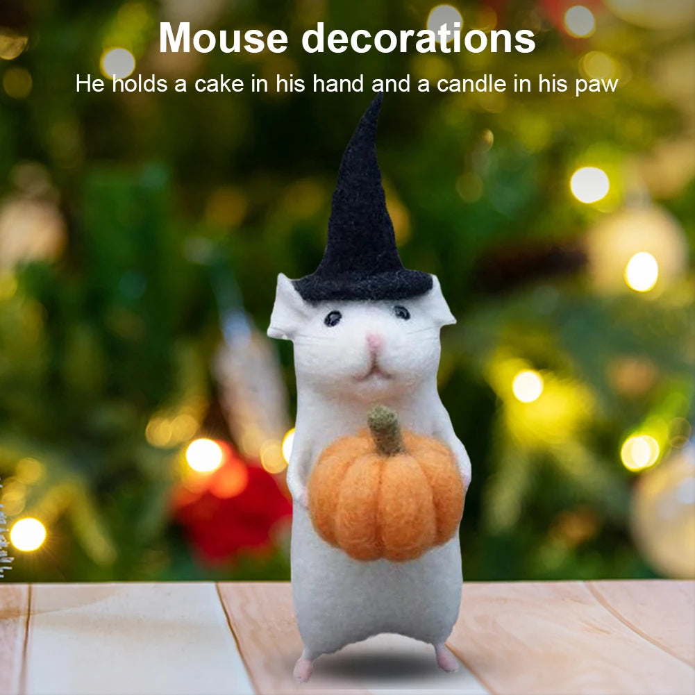 Halloween Handmade Wool Needle Felt Mouse Toy Set Desktop Decoration Creative Mini Little White Mouse Holding Pumpkin Cloth Doll