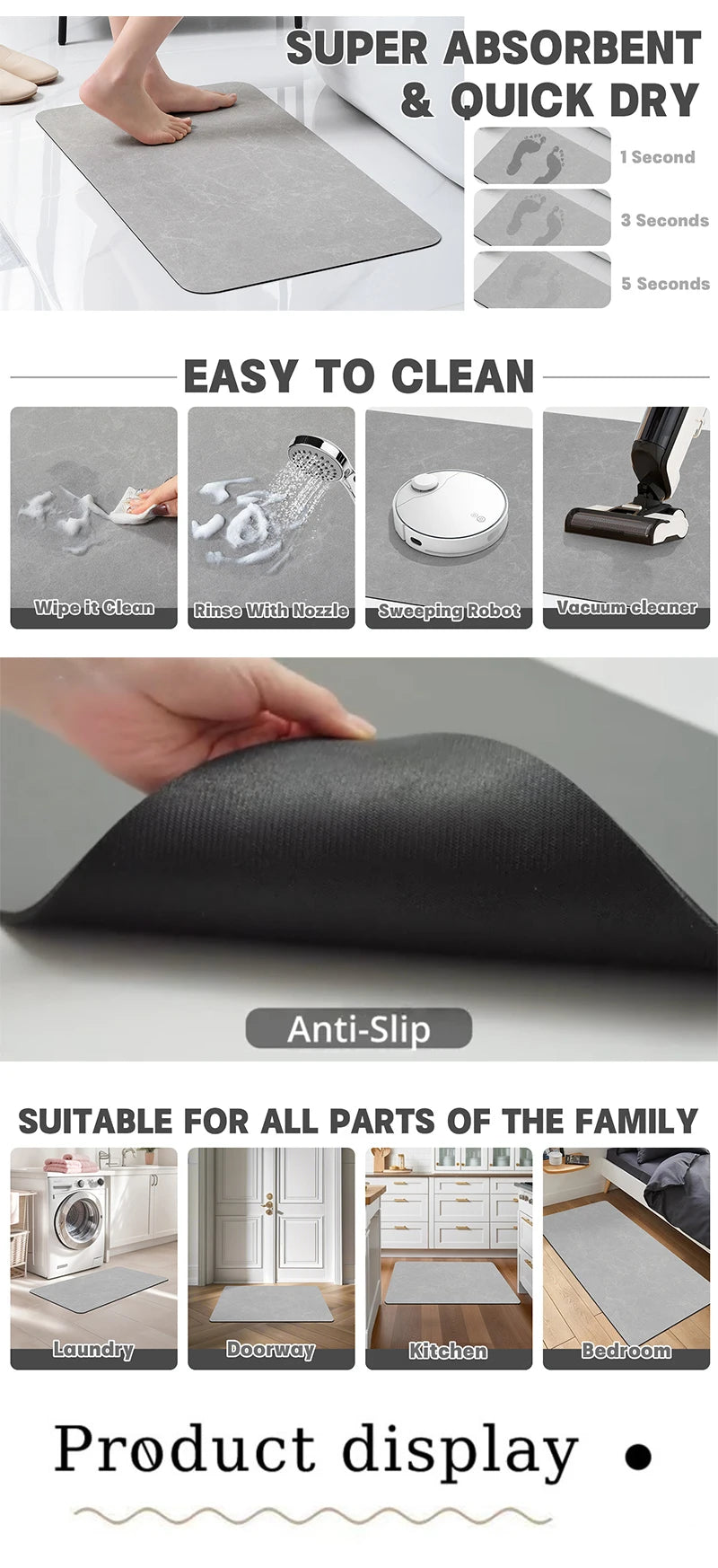 RAKKS Home Carpet Rug Diatom Mud Bath Mat Super Absorbent Bathroom Rug, Quick Dry Floor Mat for Wet Area, Easy Clean