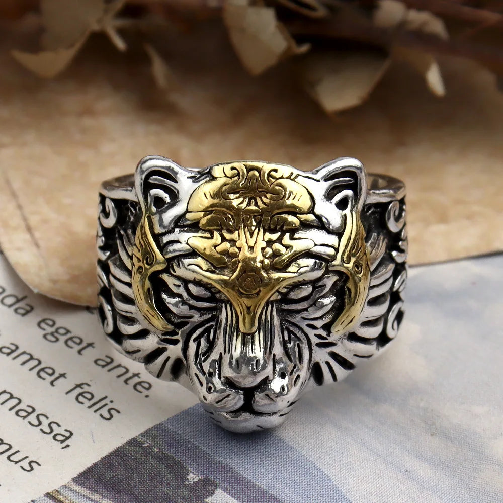 925 Silver Vintage Handsome Golded Tiger Head Mens Rings Hip Hop Style Domineering Ring Suitable for Daily Jewelry Wearing