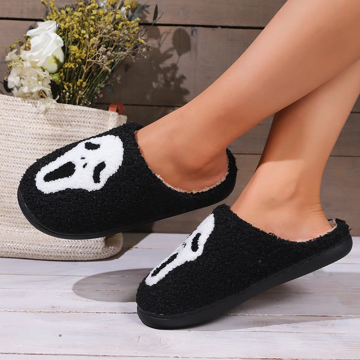 Halloween Funny Casual Fluffy Slippers Women House Flats Skull Cartoon Couple Winter Shoes Girls Fashion Footwear Large Size