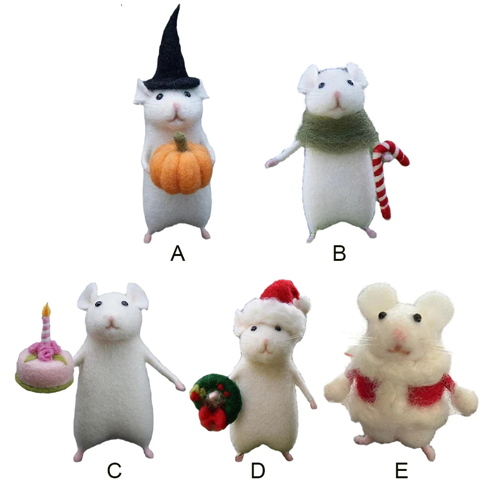 Halloween Handmade Wool Needle Felt Mouse Toy Set Desktop Decoration Creative Mini Little White Mouse Holding Pumpkin Cloth Doll