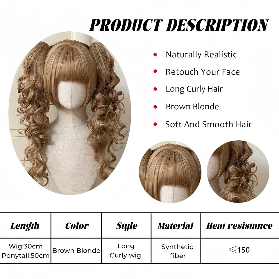 Synthetic Short Lolita Cosplay Christmas Halloween Bob Brown Blonde LM Wig With Long Curly Ponytail Natural Fake Hair for Women