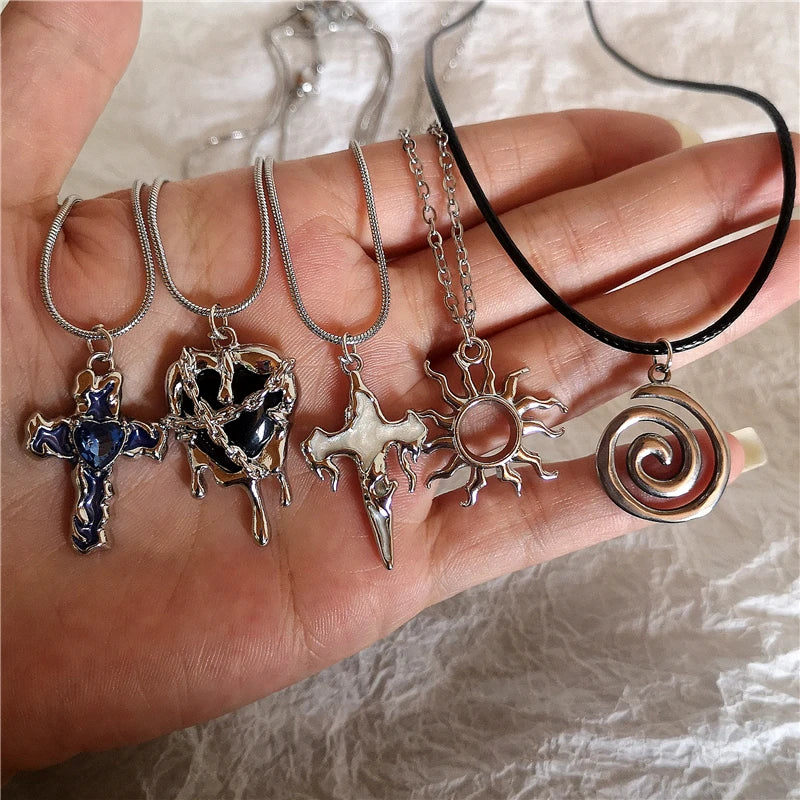 Goth Irregular Heart Cross Vortex Pendant Snake Rope Chain Necklace For Women Men Grunge Y2K 90s Punk Halloween EMO Accessories