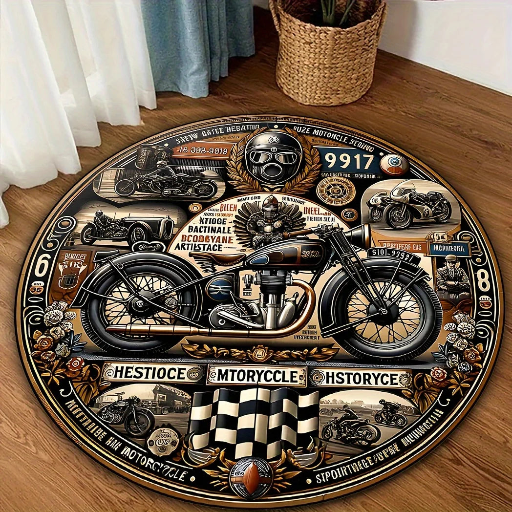 Retro Motorcycle Pattern Round Area Rug – Anti-Slip, Digital Printed Floor Mat for Bedroom, Living Room, Game Room, Bar Decor