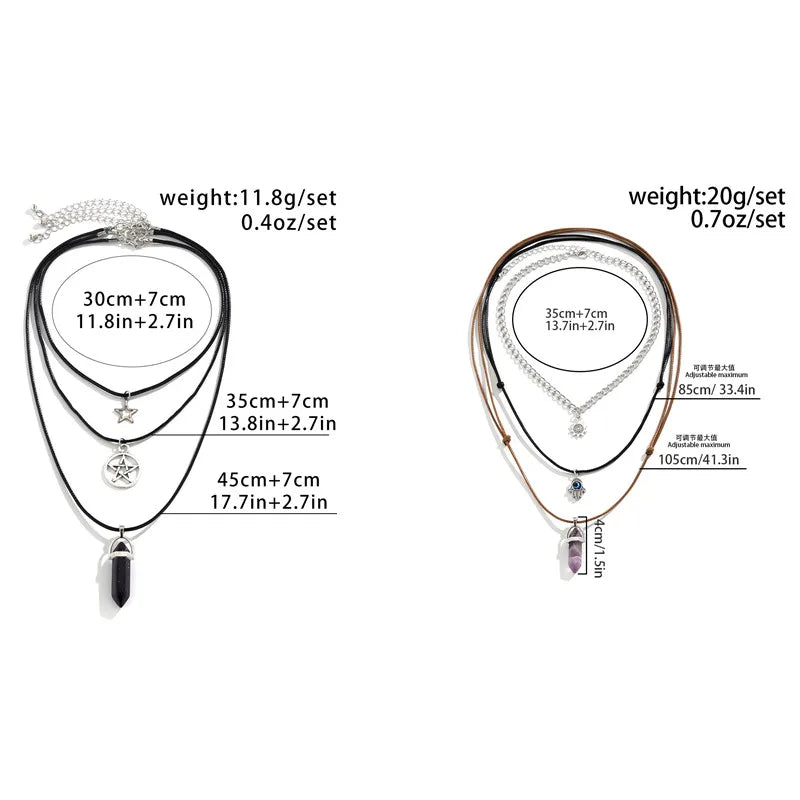 3Pcs/Set Goth Boho Pentagonal Star Crystal Leather Wax Thread Chain Necklace for Women Multilayer Choker Halloween Jewelry Gifts