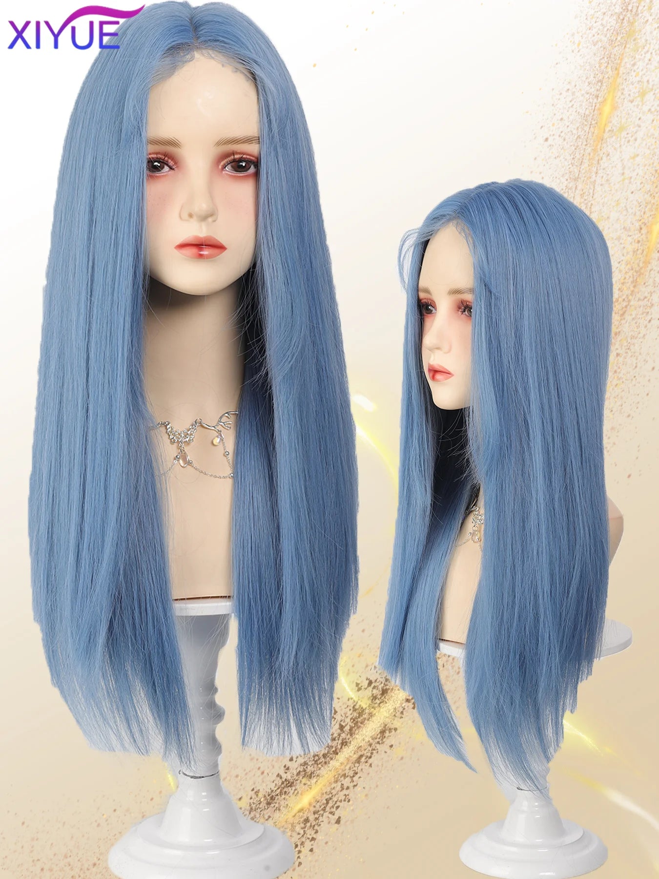 Lace Front Wig Long Straight Synthetic Wigs Light Blue with Ash Highlight Cosplay Wig with Women 、Natural Hair Heat Resistant