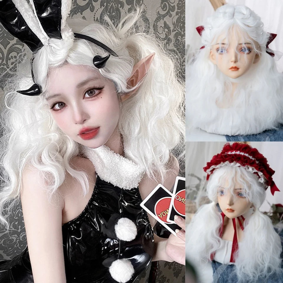 Synthetic Short Lolita Cosplay Christmas Halloween Bob Brown Blonde LM Wig With Long Curly Ponytail Natural Fake Hair for Women