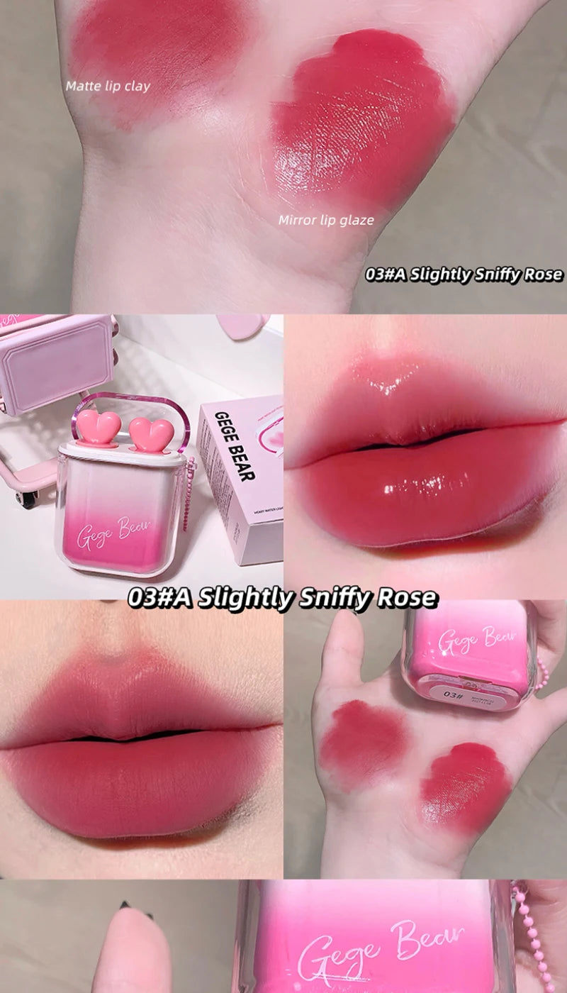 GegeBear Heartfelt Water-Gloss Lip Set:Lasting, Non-Fading Formula for a Natural, Compact, Portable Design Resembling Earbuds