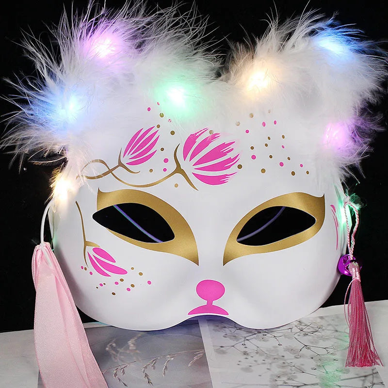 Luminous Led Mask Japanese Foxes Mask Rave Costume Anime Half Face Cat Masks Masquerade Festival Halloween Party Cosplay Props
