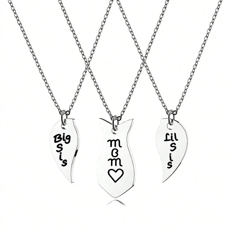 3 PCS Heart Matching Mom Daughter Son Necklace Set Stainless Steel Big Sister Little Sister Necklace Gifts For Mother